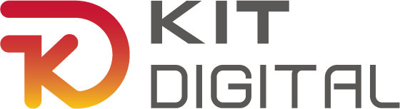 Logotipo de Kit Digital, que representa soluciones digitales innovadoras para empresas, con un diseño moderno en tonos rojo y naranja.